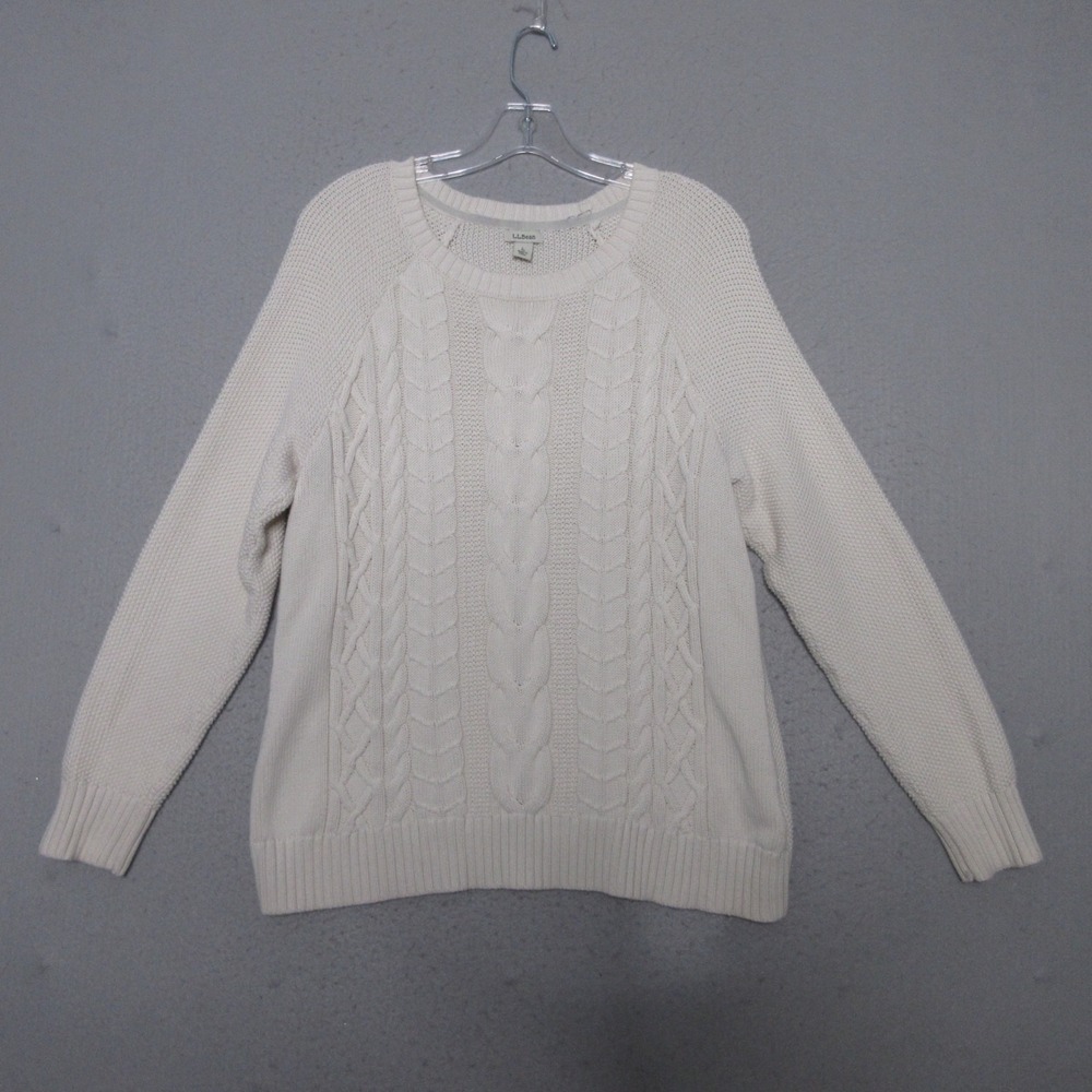 LL Bean Sweater Women Large Cable Knit Fisherman Cotton Classic‎ Style Timeless